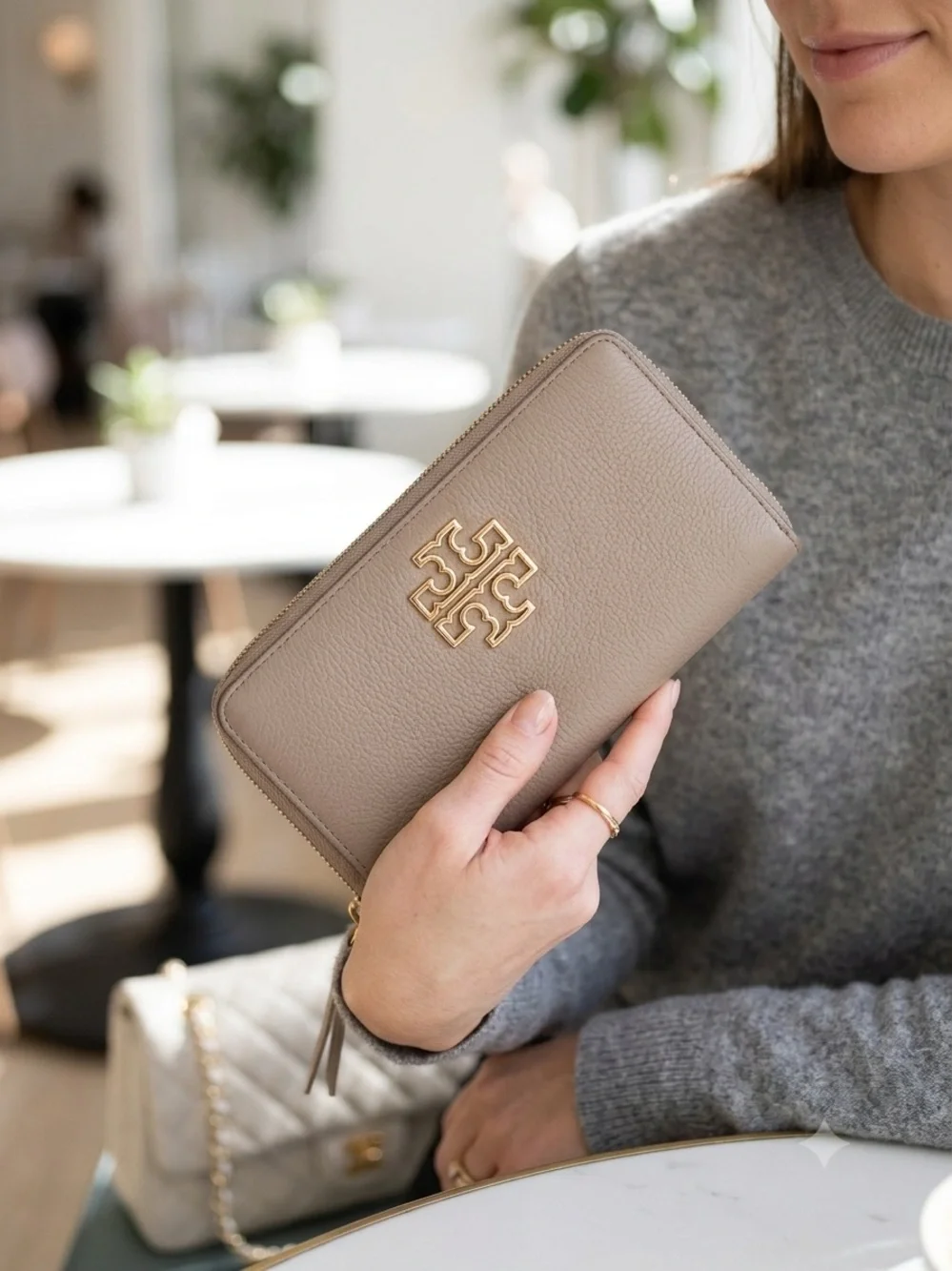 Tory Burch Natural Britten Zip around Continental Wallet Pale Pink